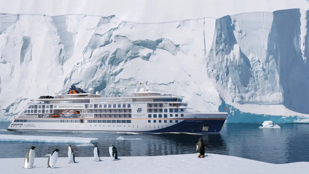 Cruise ship near icy landscape with penguins.