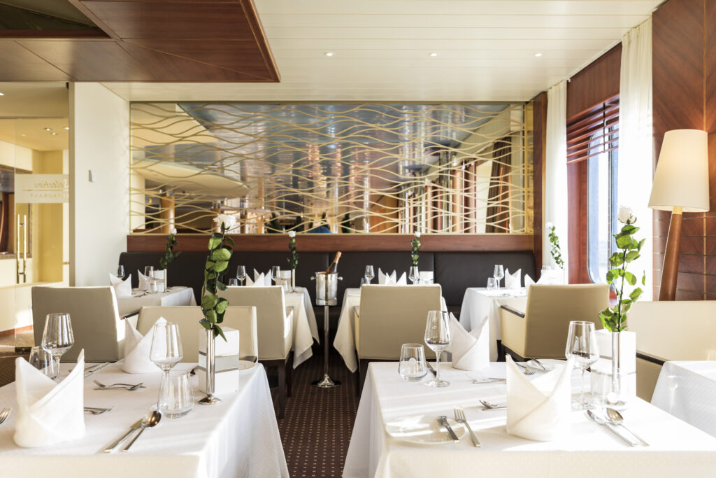 Elegant dining area with white tables
